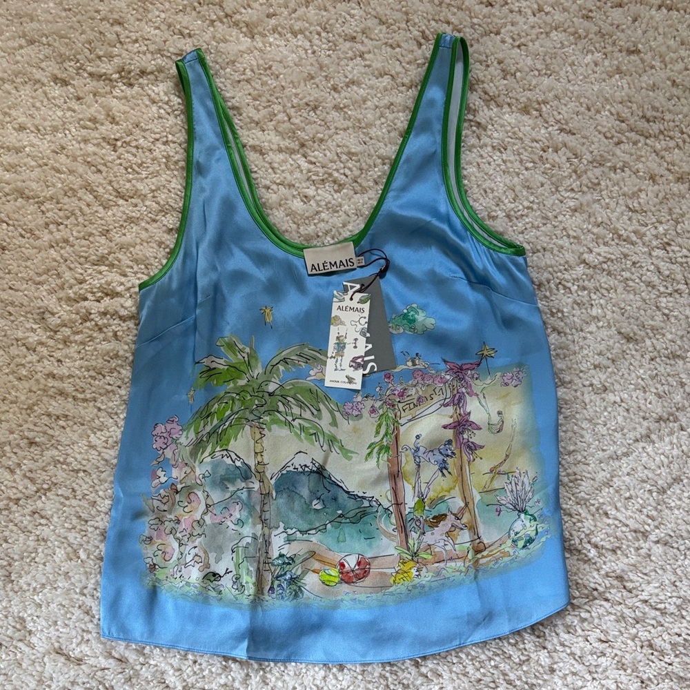 Alemais Blue Tropical Silk Tank with Green Trim